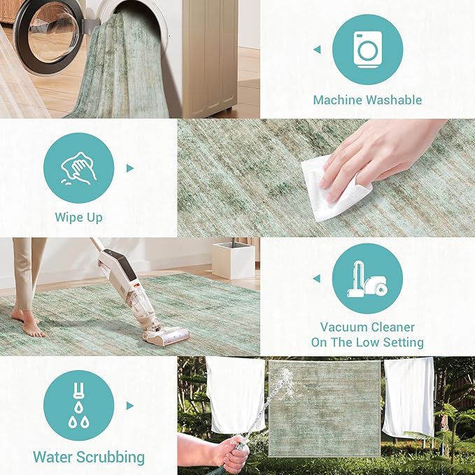 Washable Modern Abstract Kitchen & Hallway Runner Rug, 2'6''x8', Green with Non-Slip Backing