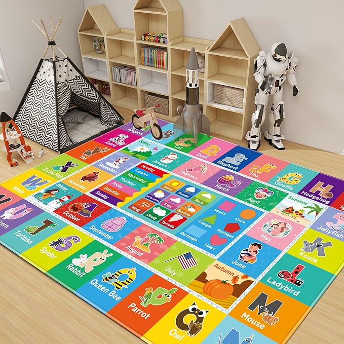 Kids Rug for Playroom, Kids Baby Playmat with Alphabet, Month, Weather, Week and Shapes ABC Educational Rug, Play Mat Carpet for Bedroom Classroom (78.7X59 INCH, Weather)