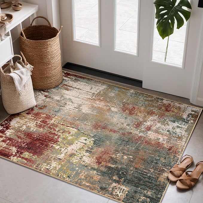Washable Area Rugs 3'x5' Non-Slip Modern Abstract Soft for Living Room Entryway Bedroom Nursery, Print Pattern, Brown Rust Red Multi