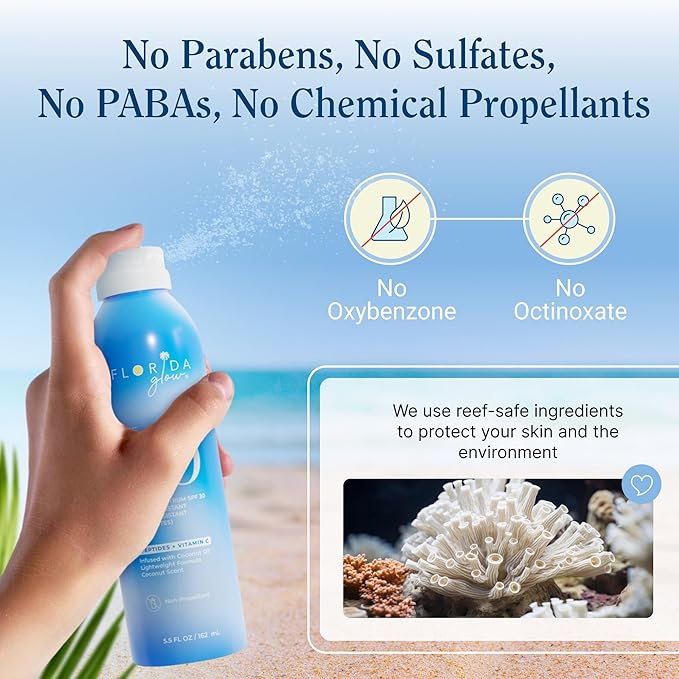 Florida Glow SPF 30 Sunscreen Spray - Hawaii 104 Reef Act & Florida Keys Compliant Broad Spectrum Water Resistant Sport Sun screen - Child Friendly Oxybenzone & Octinoxate Free (SPF 30 1-pack)