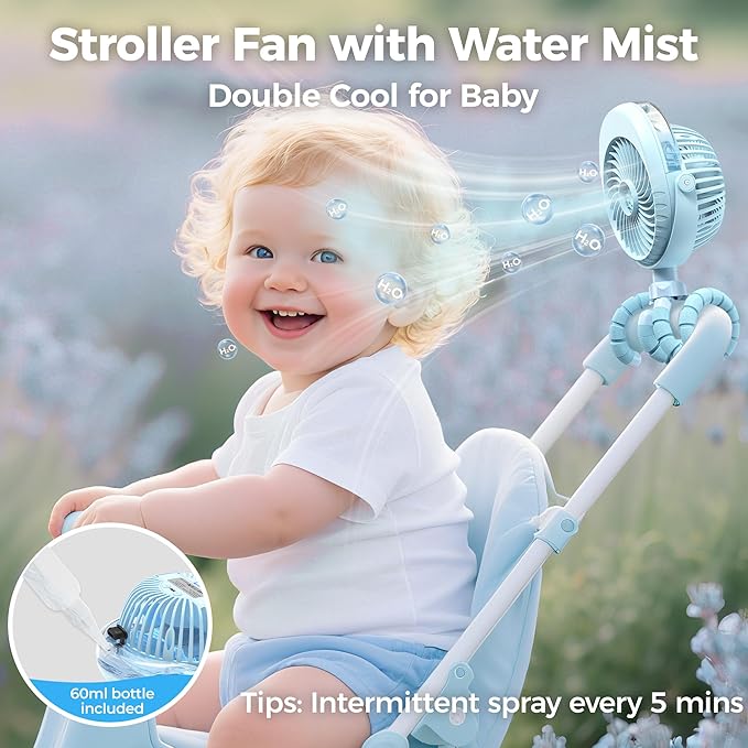 2025 Upgarded 4000mAh Misting Baby Stroller Fan, Rechargeable Battery Operated,Max 15Hrs Cooling,50ml Portable Water Sprayer Misting Fan with Flexible Tripod Clip on Car Seat Crib Treadmill Bunk Bed