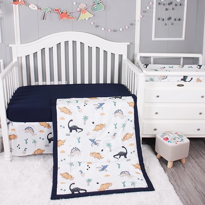 Belsden Dinosaur 3 Piece Crib Bedding Set for Baby Boys Girls, Classic Nursery Bedding Essential Including Comforter, Crib Sheet and Crib Skirt, Ultra Soft Cozy, Dino