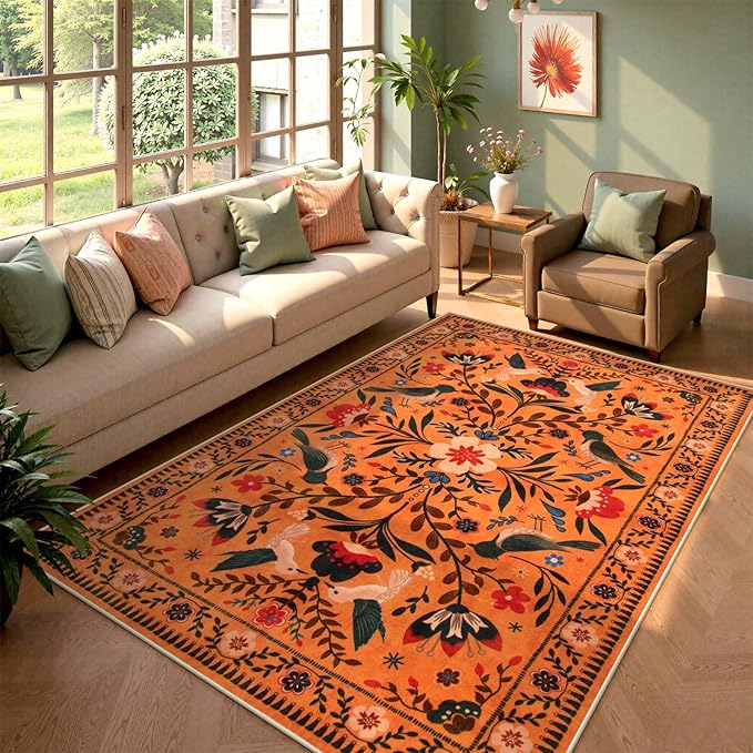Moynesa Washable Area Rugs 5x7, Ultra Thin Soft Rugs for Living Room Bedroom Non Slip, Indoor Boho Bird Patterned Orange Floral Throw Carpet for Playroom Office Kitchen Stain Resistance
