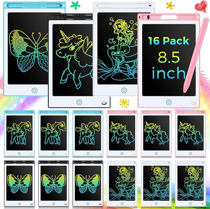 Epakh 16 PCS LCD Writing Tablet for Kids - 8.5 Inch Reusable Writing Board Drawing Doodle Pad Gift for Girl & Boy, Toddlers, Back to School, Birthday Party Favors(Black, White, Light Blue, Light Red)