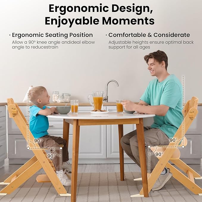 High Chair for Babies and Toddlers, Wooden Highchair with Adjustable Seat & Convertible Footrest Heights, Baby Feeding Chair with Safety Harness & Removable Double Layer Tray