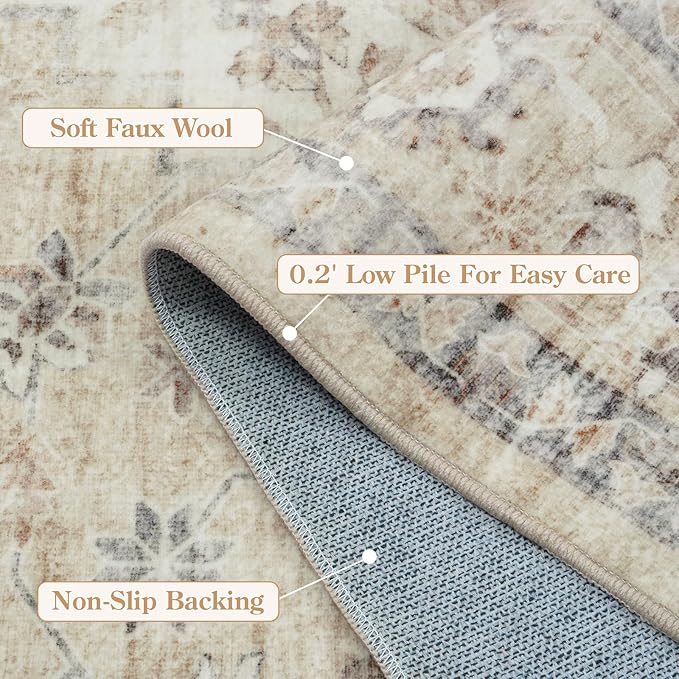 LIVEBOX Washable Area Rug 8x10 Rugs for Living Room Bedroom, Non-Slip Boho Neutral Carpet for Dining Room Office, Low-Pile Farmhouse Soft Carpets for Kids Nursery Room Playroom, Tan