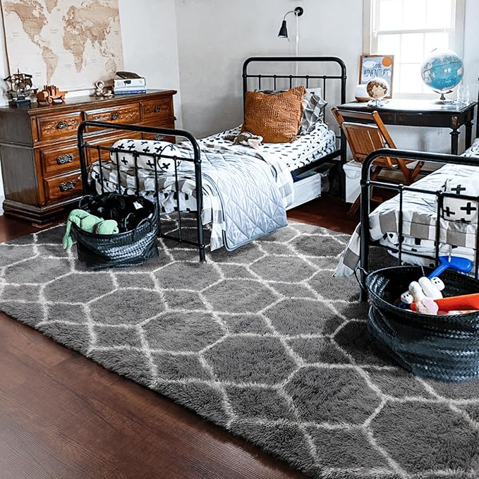 ONASAR 5x7 Area Rugs for Living Room Bedroom, Washable Fluffy Grey and White Faux Fur Bedside Rug, Geometric Boho Soft Plush Shaggy Floor Carpet Mat for Nursery Kids Girls Teen Dorm Home Decor