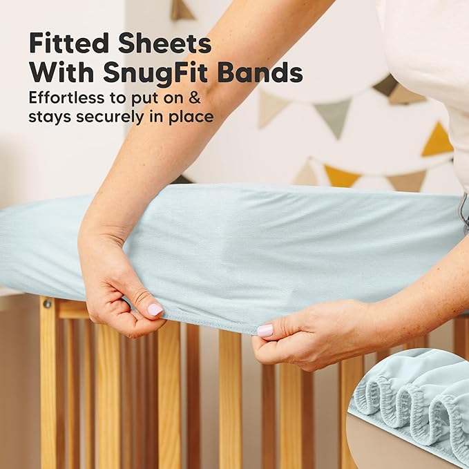 Waterproof Crib Mattress Protector Cover Fitted - 2-Pack Quiet Baby Crib Mattress Pad Sheets, 52" x 28" Soft Quilted Cotton Baby Sheet, Machine Washable, Easy Fit, Durable (Frost/Mavy)