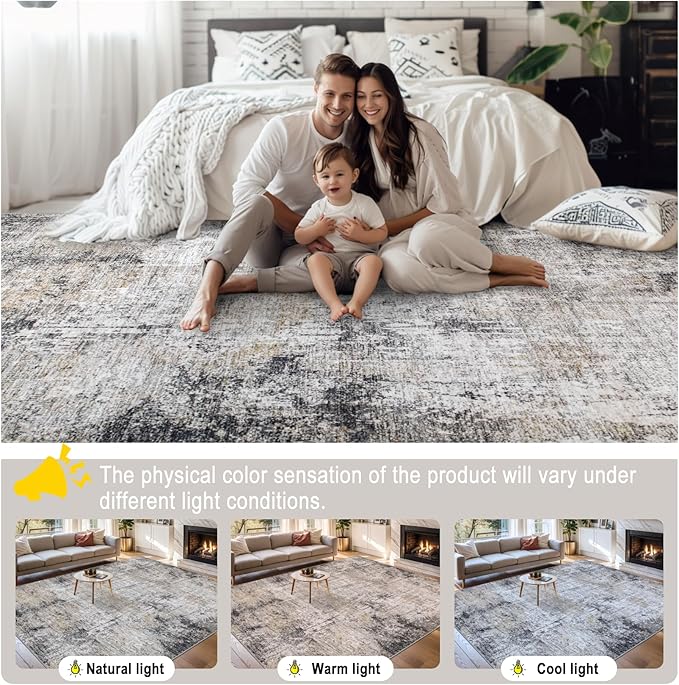 8x10 Area Rugs for Living Room - Washable Rug Modern Abstract Soft Large Neutral Non-Slip Carpet Indoor Floor Thin Carpets for Bedroom Dining Room Farmhouse Nursery Home Office Brown Black Grey