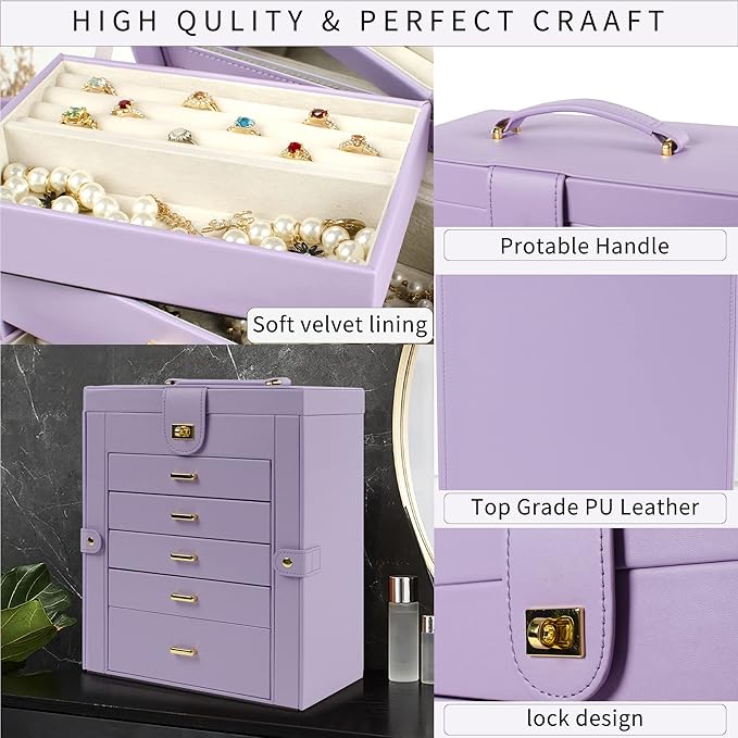 AKOZLIN Large Jewelry Box Organizer Functional Lockable with Big Mirror, Leather Jewelry Storage Case for Women Girls Ring Necklace Earring Bracelet Holder Organizer Violet