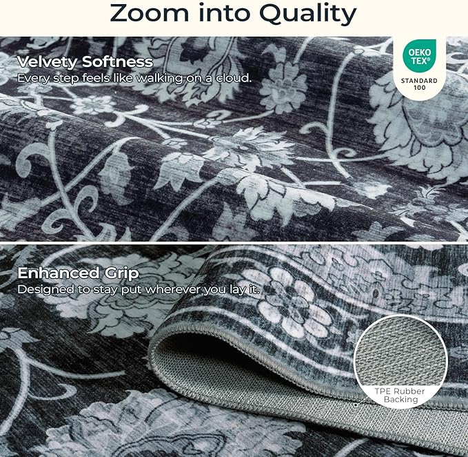 Black 9x12 Area Rug for Living Room, Washable Large Rugs, Vintage Floral Soft Carpet, Non Slip & Low Pile, Wool Carpets for Indoor Bedroom Dining Home Playroom Office Under Table, Black