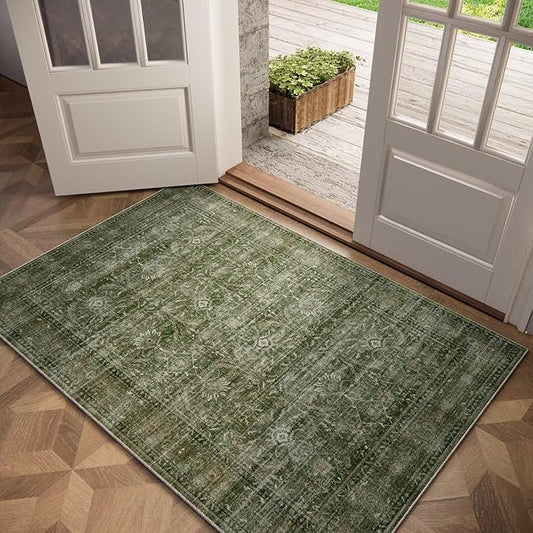 Washable 3x5 Entryway Rug Indoor, Boho Non-Slip Silicone Backing Small Rugs for Kitchen Nursery Office Bedroom, 0.3" Neutral Oriental Throw Carpet with 0.16" Cushioning Pad, Grass Green/Multi