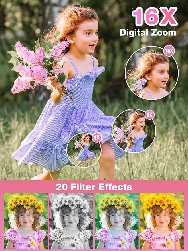 Digital Camera,FHD 1080P Kids Camera 44MP Point and Shoot Digital Cameras with 32GB Card,16X Zoom,Anti-Shake,Date Stamp,Compact Small Cameras Photography for Kids Student Teen Girl Boy(Pink)