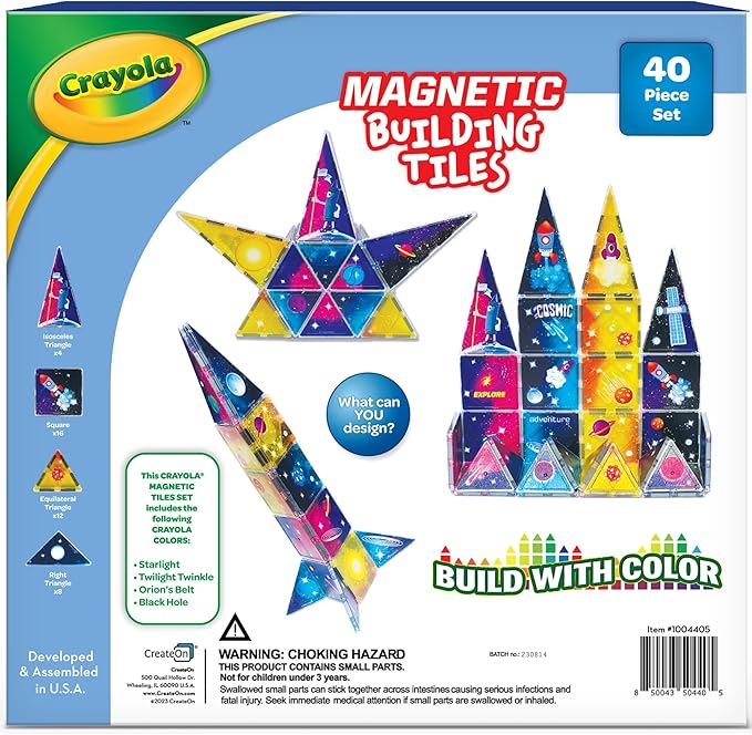 CreateOn Crayola Cosmic Magnetic Tiles, Building Set for Kids, Magnetic Building Toys for Kids, STEM Learning Toys for Boys and Girls Ages 3 and Up, 40-Piece Set (Cosmic)