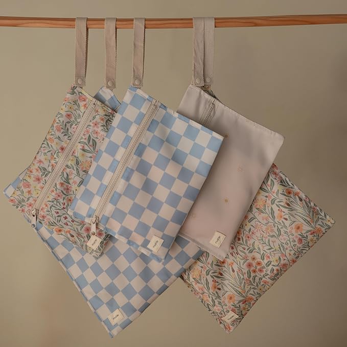 mushie Water Resistant Wet Bags | Large & Small Reusable Storage Bag for Baby Items and Travel | Zippered Pockets with Handle | Machine Washable, Set of 2 (Blue Check)
