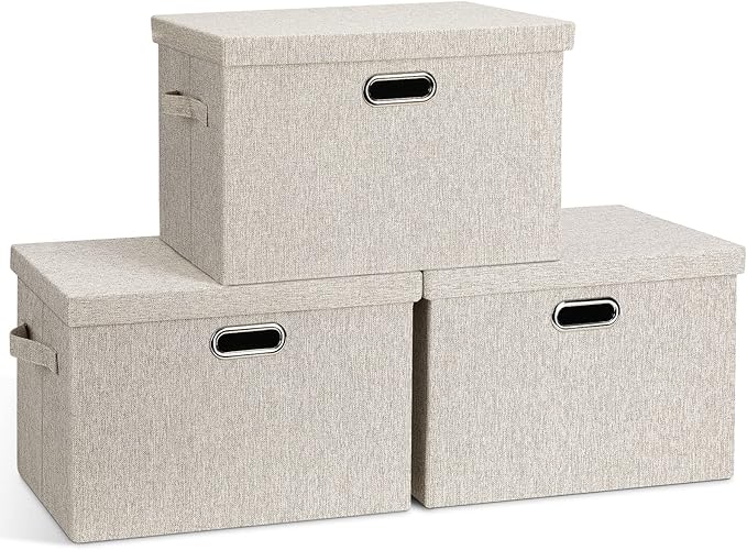 Large 17" 36 Quart Collapsible Stackable Storage Bins with Lids, 3 Packs Beige Linen Fabric Closet Boxes with Lids, Storage Cube Baskets Container Organizers for Bedroom Office(17 x12 x11)