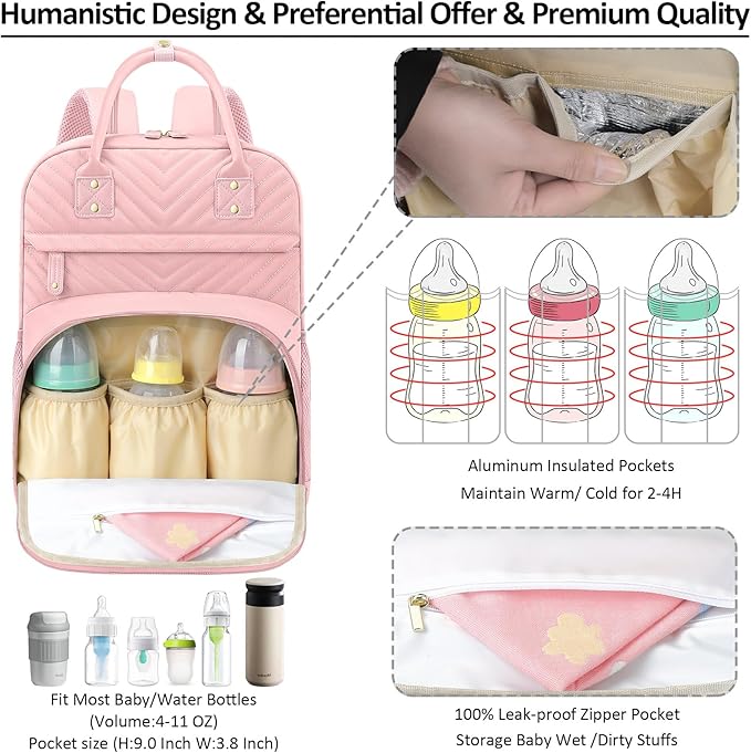 Diaper Bag Backpack Tote for Women Large Capacity, Baby Bag with Insulated Pockets Multifunctional Diaper Bags For Baby Girl Boy Waterproof Baby Bags For Boys Girls Maternity Bag Baby Pink