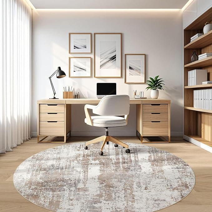 Round Rug Living Room Rugs: 6Ft Washable Circle Large Abstract Modern Soft Stain Resistant Non Slip Indoor Floor Carpet for Bedroom Nursery Office Dining Room Dorm Home House Decor- Brown