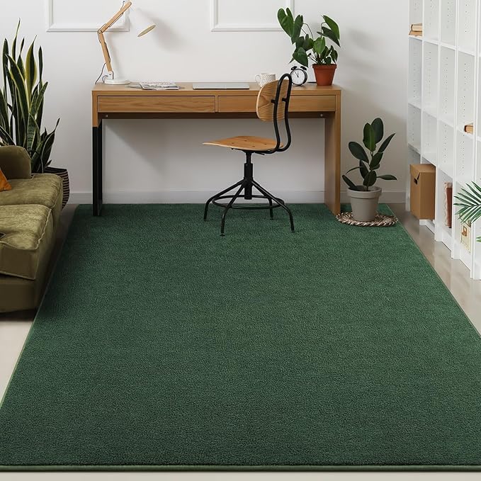 Kimicole 4x6 Washable Area Rugs for Bedroom Living Room, Low Pile Ulta-Thin Solid Color Rug, Non-Slip Soft Fluffy Carpet for Nursery Kids Room Dorm Room Home Decor (Dark Green)