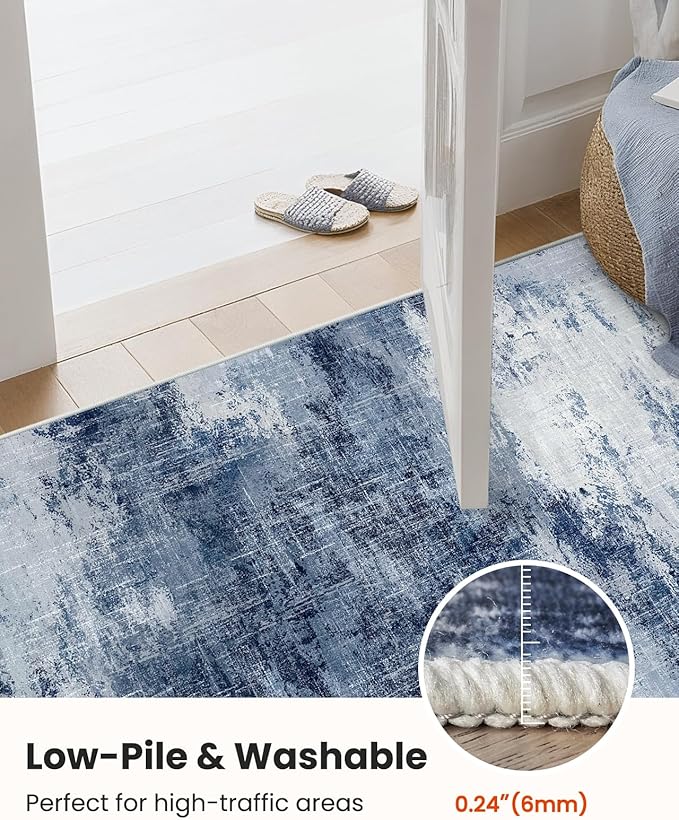 Amada 9x12 Large Area Rugs, Modern Living Room Rugs with Non-Slip Backing & Short Pile, Washable Rug with Abstract Pattern for Living Room, Bedroom and Dinning Room, Dark Blue