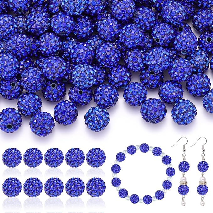 160pcs 10mm Rhinestone Beads for Jewelry Making, Dark Blue Shiny Round Disco Ball Beads Bulk, Sparkle Crystal Clay Christmas for Bracelet Baseball Necklace Earring Crafting and DIY