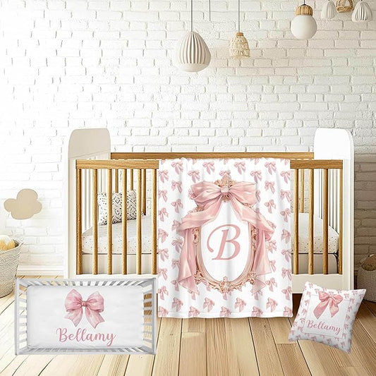 Personalized Baby Girl Crib Bedding Set – Custom Name Bow Pink 3-Piece Nursery Set with Soft Flannel Blanket, Fitted Sheet & Pillowcase – Infant & Toddler Bedding Gift