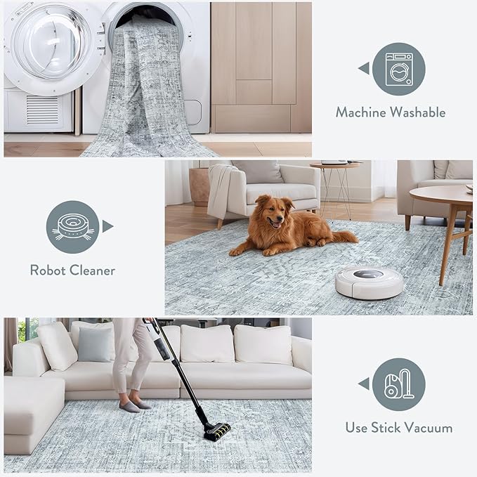 LIVEBOX Washable Area Rug 6x9 Rugs for Living Room Dining Room Under Table, Non-Slip Boho Neutral Carpet for Bedroom, Low-Pile Farmhouse Soft Carpets for Nursery Room Playroom, Grey