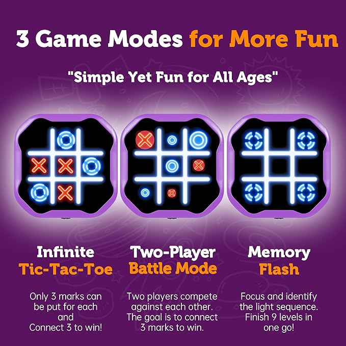 3 in 1 Electronic Tic Tac Toe Game, Handheld Digital Tic Tac Toe Bolt Game with Silent Mode, Portable Learing Toy Gift for Kids & Adults, Purple(One Pack)