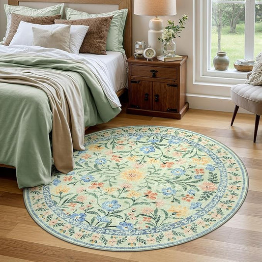 Wonnitar Washable Round Area Rug, 5ft Green Floral Round Rug Boho Soft Circle Carpet, Non Slip Low Pile Circle Accent Carpets for Kitchen Living Room Entryway Bedroom