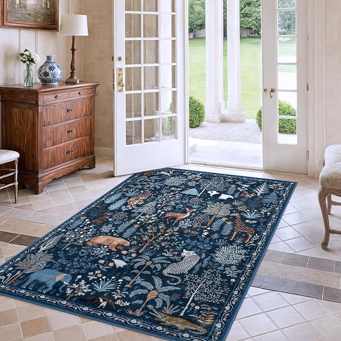 OJIA Jungle Print Blue 5x7 Rugs for Living Room, Soft Ultra-Thin Washable Area Rugs for Bedroom Non-Slip Modern Entryway Rug Non Shedding Indoor Carpet Kids Rugs for Playroom Nursery Classroom