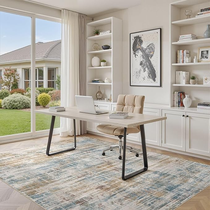 Area Rug for Living Room: 10x12 Washable Neutral Abstract Modern Soft Rugs Non Slip Indoor Floor Stain Resistant Large Carpet for Bedroom Dining Room Office Nursery - Blue Brown