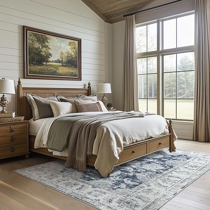 jinchan Vintage Floral 5x7 Area Rugs for Bedroom - Machine Washable Distressed Design Stain Resistant Boho Carpet Ultra-Thin Low Pile Non-Slip Rug for Living Room Dining Room Kitchen (5‘x7',Dark Blue)