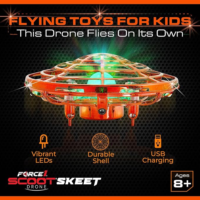 Force1 Scoot Skeet Mini Drone Electronic Shooting Game for Kids (Drone Only)- Hand Drones for Kids Compatible with Scoot Skeet LED Blaster, Electronic Target Game Indoor Flying Ball Drone Toy (Orange)