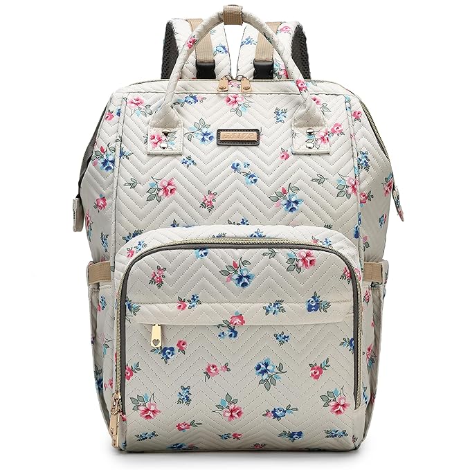 Diaper Bag Backpack, Diaper Bags for Baby Girls Boys, Baby Bags for Moms Dads, Nappy Changing Bag with Insulated Pockets,Multi-functional Waterproof Backpack with Stroller straps-Beige Flowers
