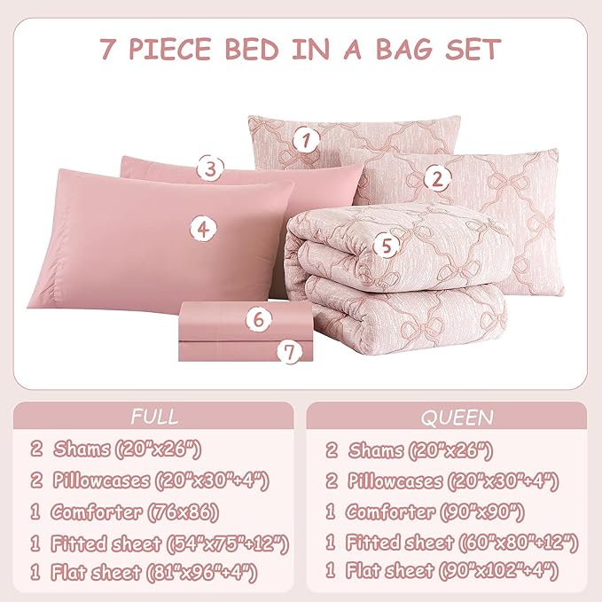 Queen Comforter Set with Sheets for Girls-7 Pieces Queen Bedding Sets with Pink Comforter, Sheets, Pillowcases & Shams for Kids (Pink Diamond, 90" X 90")