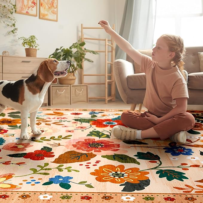 Floral 8x10 Area Rug Machine Washable Soft Print Boho Carpet Non Slip Doormat Low Pile Flower Area Rugs for Living Room Bedroom Nursery Kitchen Dining Room Indoor-Light Orange