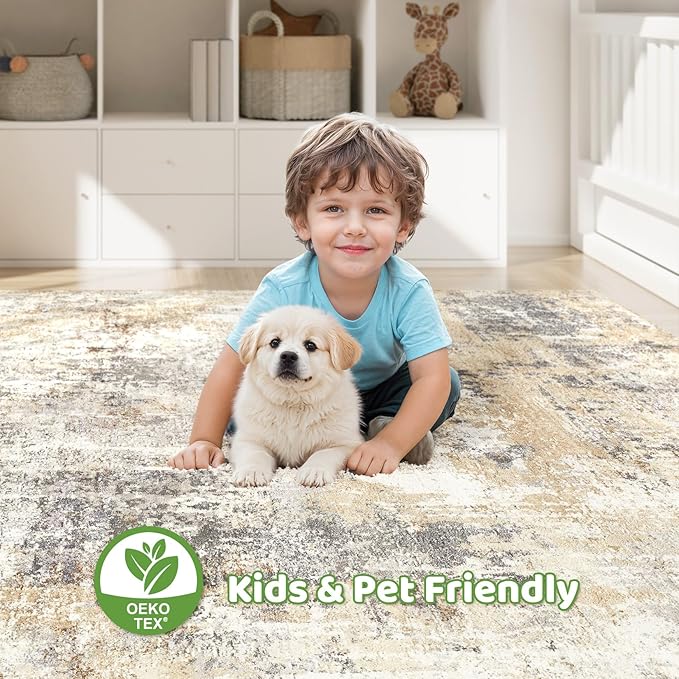 Large Area Rugs 12x15: Washable Abstract Modern Soft Rug Stain Resistant Indoor Floor Non Slip Accent Carpet for Living Room Bedroom Nursery Playroom Dining Room Office Dorm Home House- Grey Gold