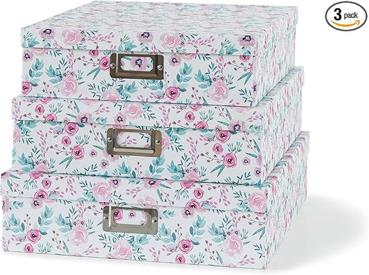 Soul & Lane Floral Decorative Storage Boxes With Lids, Set of 3 Pretty Nesting Cardboard Letter Storage Boxes for Photos, Documents, Scrapbooks, Keepsakes, Memories