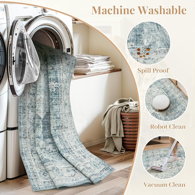LIVEBOX Entryway Rug 3x5 Washable Area Rugs for Kitchen Bathroom, Non-Slip Front Door Mat for Bedroom, Boho Low-Pile Carpet Farmhouse Throw Indoor Mats for Bath Laundry Room, Blue