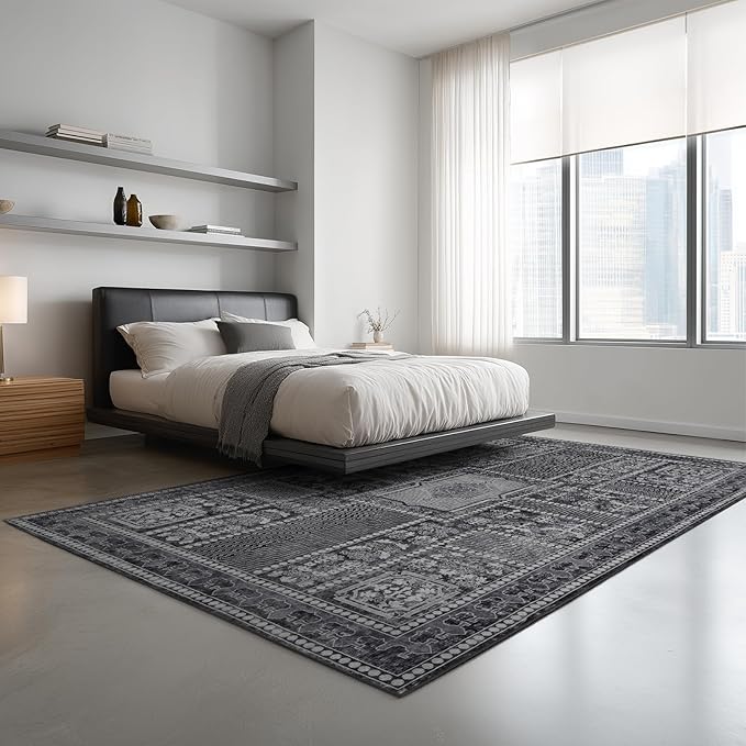 Washable Rugs 5x7 Area Rugs for Living Room, Thin Carpet for Bedroom, Soft Faux Wool Retro Dining Room Rug，Non Slip&Non-Shedding Resistant Low Pile Vintage Print Rug for Home Office (Grey)