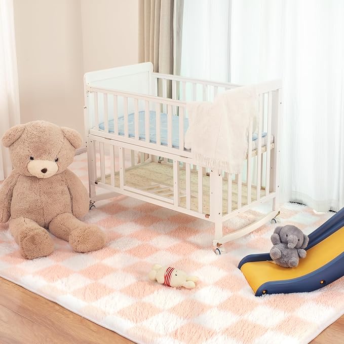 Super Soft Rug for Bedroom, 5x8 Ft Pink and White Area Rug Classic Checkered Shaggy Anti-Skid High Pile Soft Fluffy Rug Fuzzy Carpet for Living Room Bedroom Kids Room Nursery, Dorm Home Decor