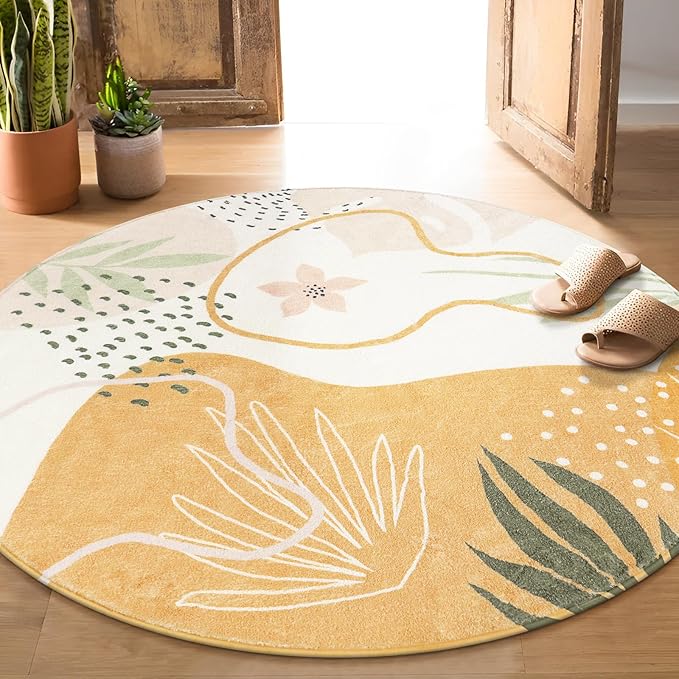 Lahome Boho Round Rugs - 6Ft Round Rug Washable Soft Circle Rugs for Living Room Non-Slip Ultra-Thin Large Round Dining Room Rug, Botanical Print Floor Throw Round Carpet for Bedroom Office Dorm Sofa
