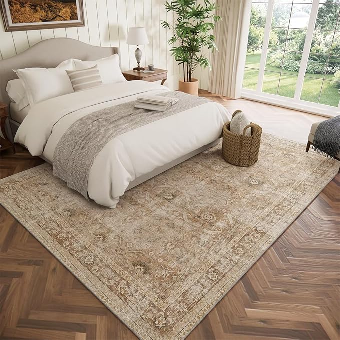 Washable 6x9 Area Rugs for Living Room, Boho Non-Slip Silicone Backing Large Rugs for Bedroom Dining Room Nursery Office, 0.3" Neutral Oriental Throw Carpet with 0.16" Cushioning Pad, Brown/Multi