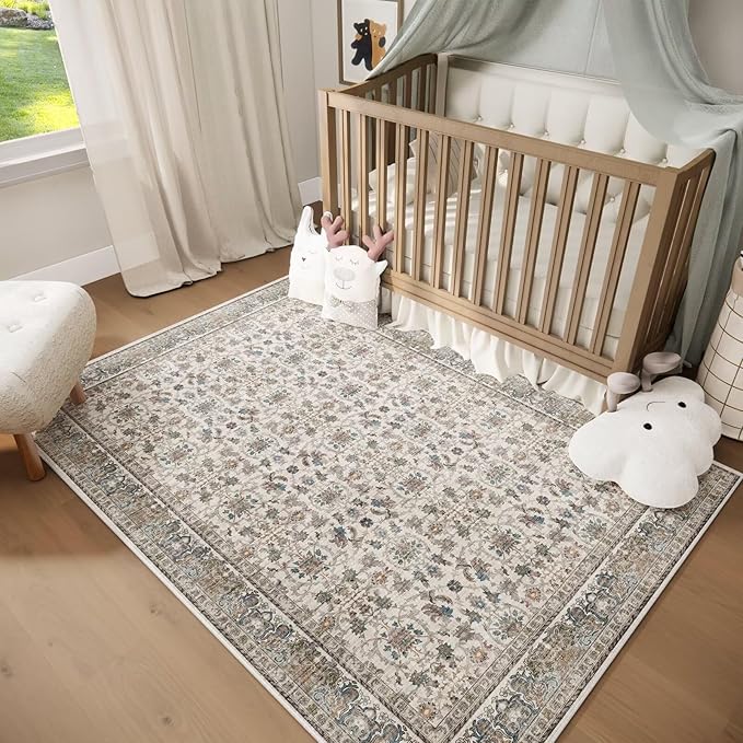 Washable 5x7 Area Rugs for Living Room, Boho Non-Slip Silicone Backing Rugs for Bedroom Dining Room Nursery Office, 0.3" Neutral Oriental Throw Carpet with 0.16" Cushioning Pad, Cream/Multi