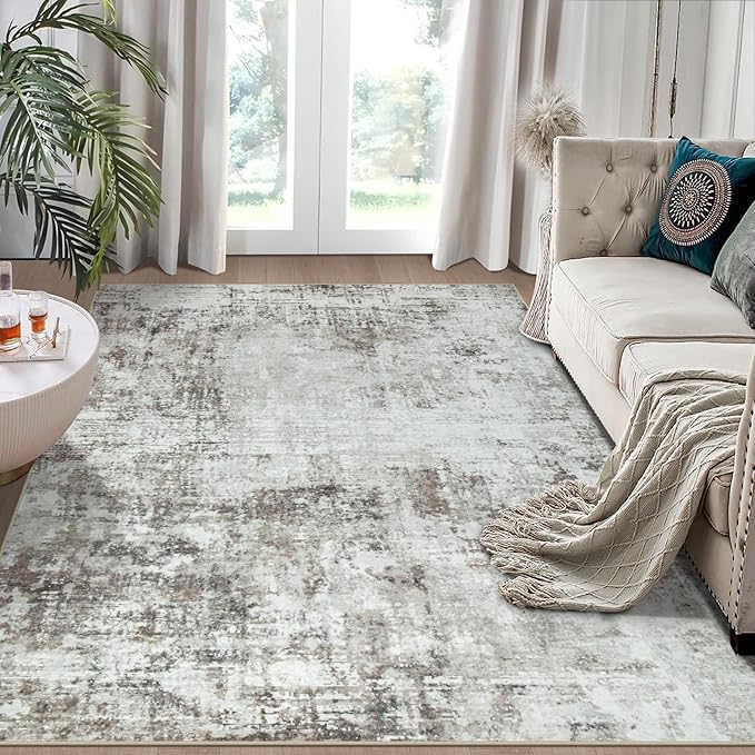 4x6 Area Rugs for Living Room Rug Washable: Modern Large Rug for Dining Room Bedroom Carpet Non Slip Low Pile 4 by 6 Indoor Abstract Nursery Home Office Brown Grey