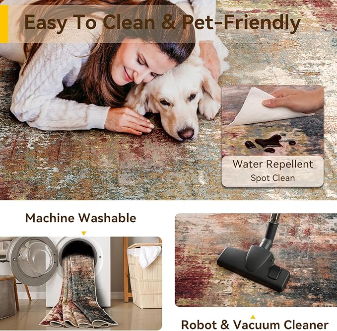 Washable Area Rugs 2'x8' Non-Slip Modern Abstract Soft for Living Room Entryway Bedroom Nursery, Print Pattern, Brown Rust Red Multi