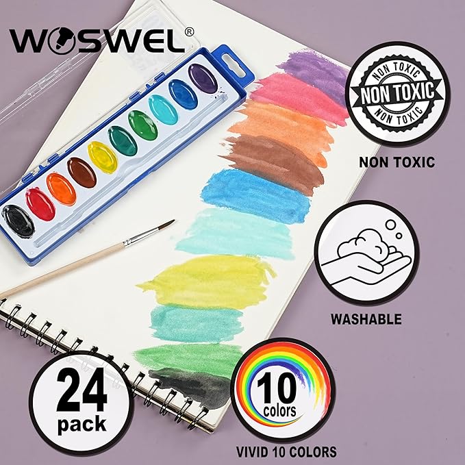 Watercolor Paint Set, Washable paint 10 Colors, 24 Sets with Brush Watercolor Paint Set