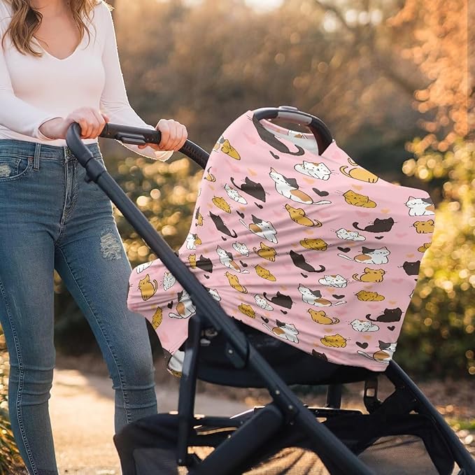 Binienty Baby Car Seat Covers - Cartoon Kitten Infant Carseat Canopy Multi-use Stretch Nursing Cover for Breastfeeding