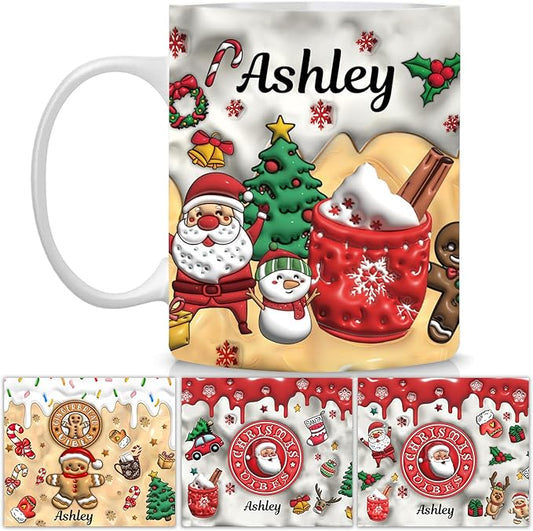 Custom 3D Effect Christmas Mugs with Names, Santa Claus Coffee Mug, Personalized Reindeer Accent Mug Christmas Gifts For Women Men Friends Family Gingerbread Man Mug 11 or 15 Oz