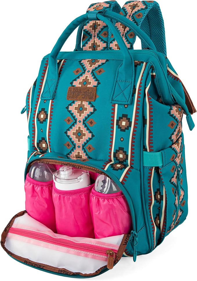 Wrangler Aztec Backpack Organized Daypack Travel Baby Bag with Stroller Strap and Side Bottle Pockets